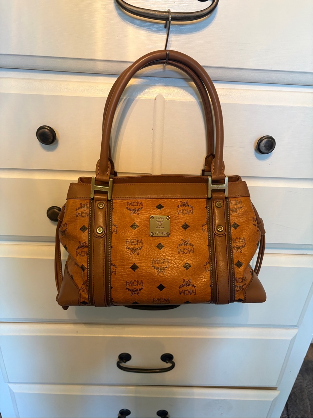 MCM Brown Cognac Monogram Visetos Satchel with Gold-Tone Plaque